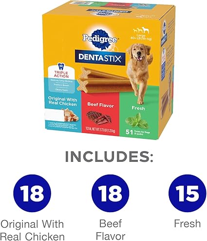 Pedigree Dentastix Large Breed Dog Treats | Variety Pack | 2.73 lb Bag, 51 Dental Chews.