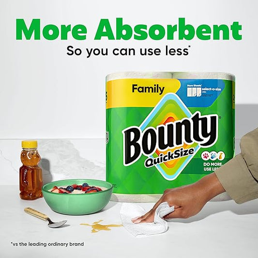 Bounty Quick Size Paper Towels – White, 8 Family Rolls = 20 Regular Rolls.