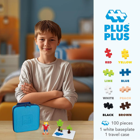 Plus-Plus Travel Case Building Set, 100 Mini Interlocking Blocks + Baseplate, Open-Ended 3D STEM Toy for Kids – Basic Mix