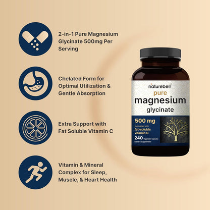 Naturebell Pure Magnesium Glycinate 240 Veggie Capsules, 500mg