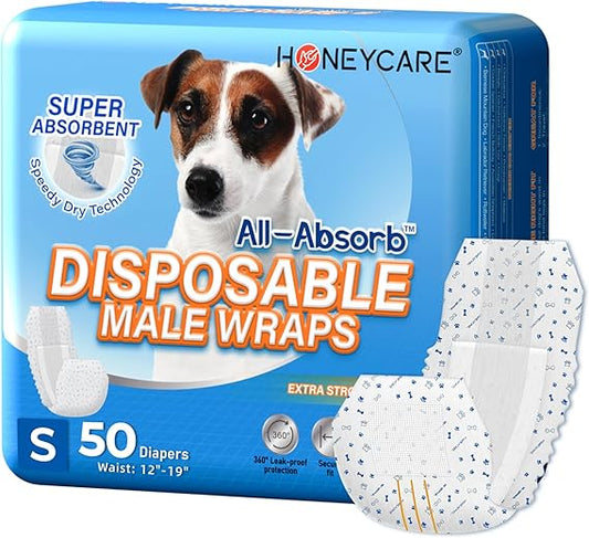 HONEY CARE All-Absorb Male Dog Wraps Small | Disposable Dog Diapers for Male Dogs, Leak-Proof & Secure Fit | 50 Count Pack.