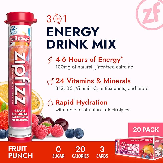 Zipfizz Energy Drink Powder, Fruit Punch – 20 Pack