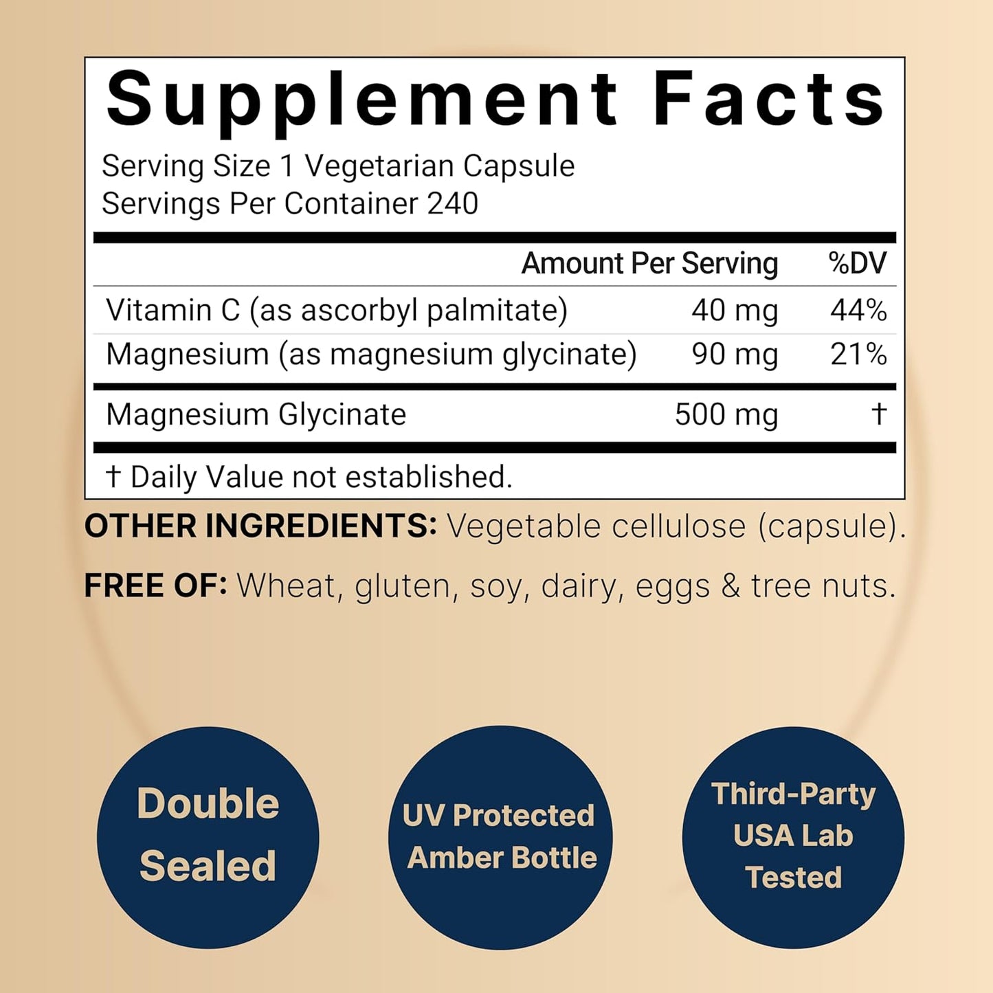 Naturebell Pure Magnesium Glycinate 240 Veggie Capsules, 500mg