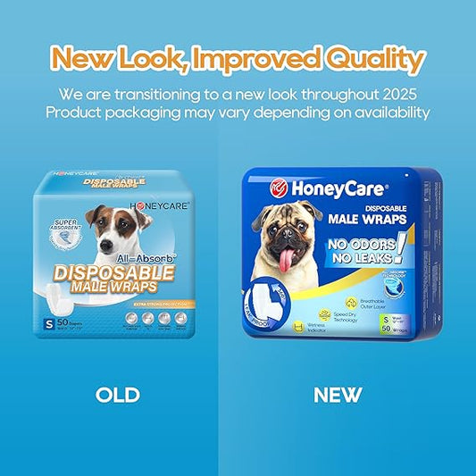 HONEY CARE All-Absorb Male Dog Wraps Small | Disposable Dog Diapers for Male Dogs, Leak-Proof & Secure Fit | 50 Count Pack.