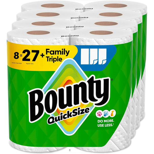 Bounty Quick Size Paper Towels – White, 8 Family Rolls = 20 Regular Rolls.