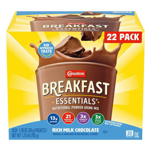 Carnation Breakfast Essentials Powder Drink Mix | Rich Milk Chocolate | 22 Packets (1.26 oz Each).