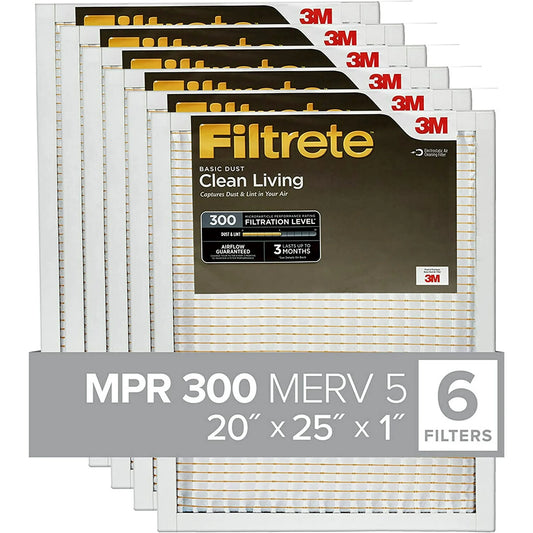 Filtrete 20x25x1 AC Furnace Air Filter | MPR 300, MERV 5, 3-Month Pleated Electrostatic HVAC Filter, 6 Pack