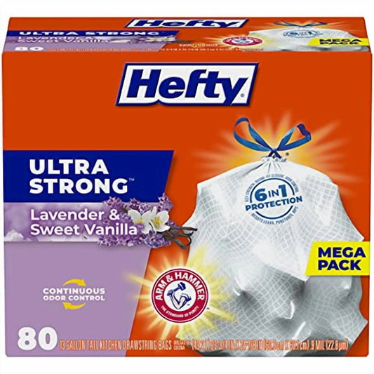 Hefty Ultra Strong Tall Kitchen Trash Bags | Lavender & Sweet Vanilla Scent | 13 Gallon, 80 Count.