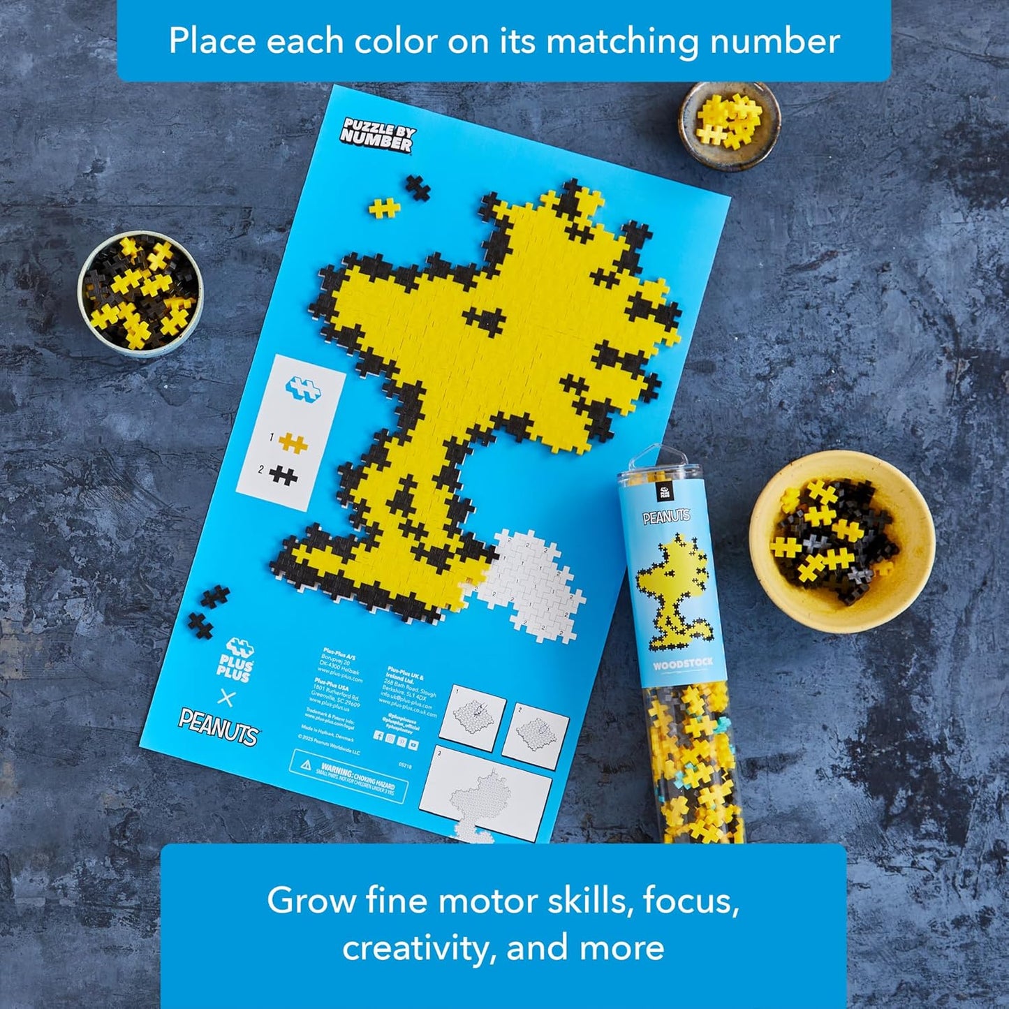 Plus-Plus Puzzle by Number, 275-Piece STEM Mini Building Block Set, 2D Puzzle Activity for Kids, Peanuts Merchandise - Woodstock