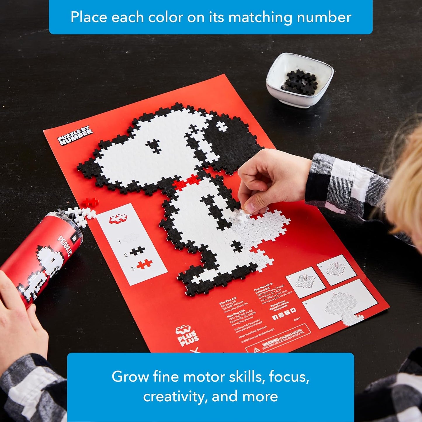 Plus-Plus Puzzle by Number – Snoopy Peanuts Edition, 275-Piece Interlocking Mini Blocks, 2D STEM Puzzle Toy for Kids
