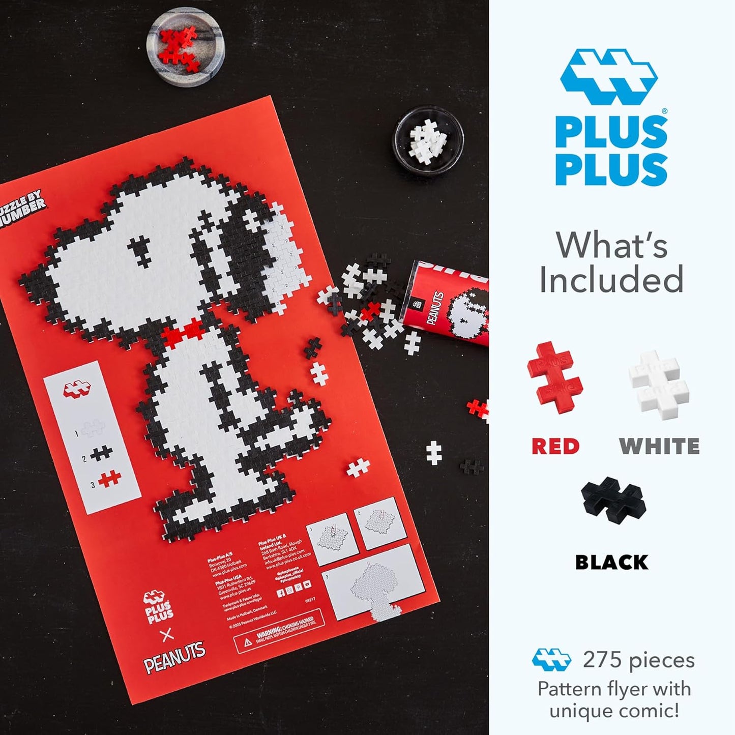 Plus-Plus Puzzle by Number – Snoopy Peanuts Edition, 275-Piece Interlocking Mini Blocks, 2D STEM Puzzle Toy for Kids